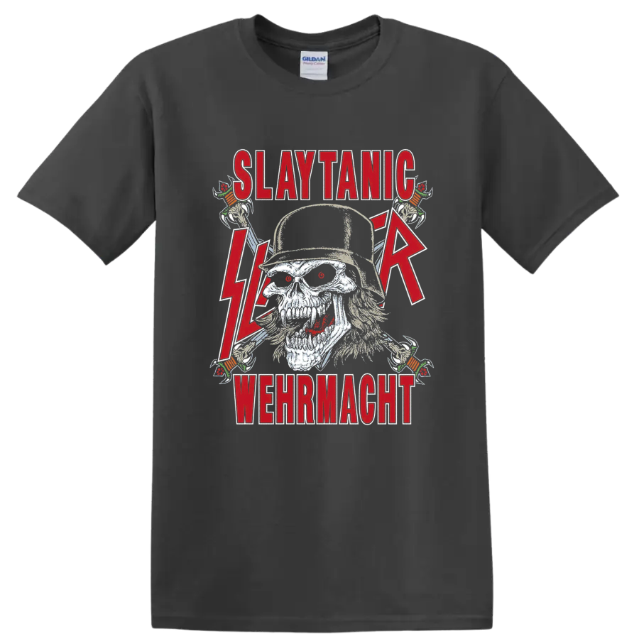Slayer Slaytanic Wehrmacht skull graphic with red lettering and lightning bolts on a Charcoal T Shirt