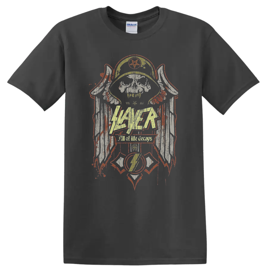 Slayer All Life Decays emblem with distressed skull and pentagram metal artwork on a Charcoal T Shirt