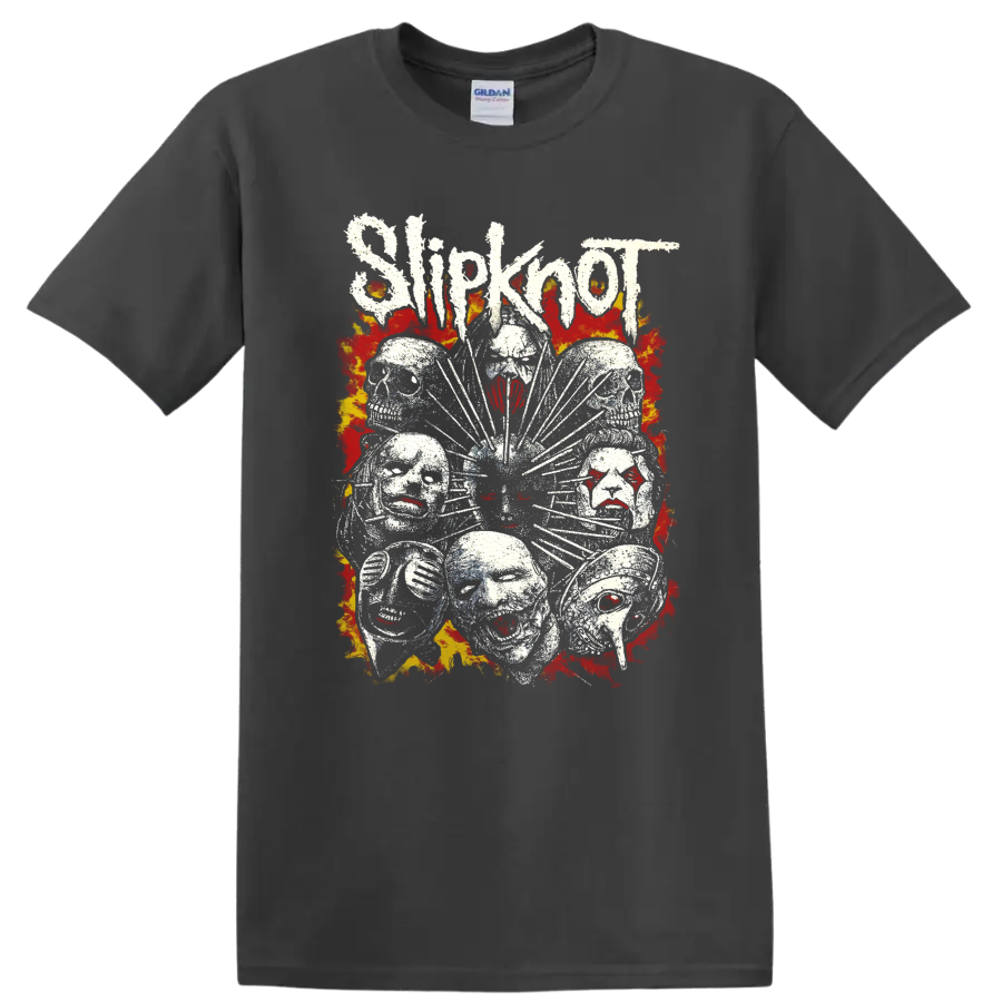 Distressed Slipknot mask cluster with jagged lettering and fiery flame artwork on a Charcoal T Shirt