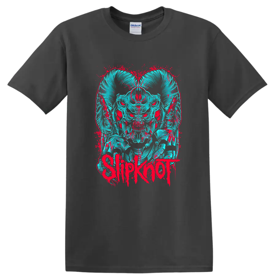 Slipknot horned skull mask in cyan and red distressed splatter art on a Charcoal T Shirt