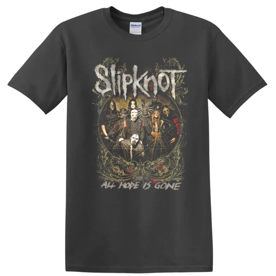 Slipknot masked band pentagram artwork with fiery distressed ornamental details on a Charcoal T Shirt