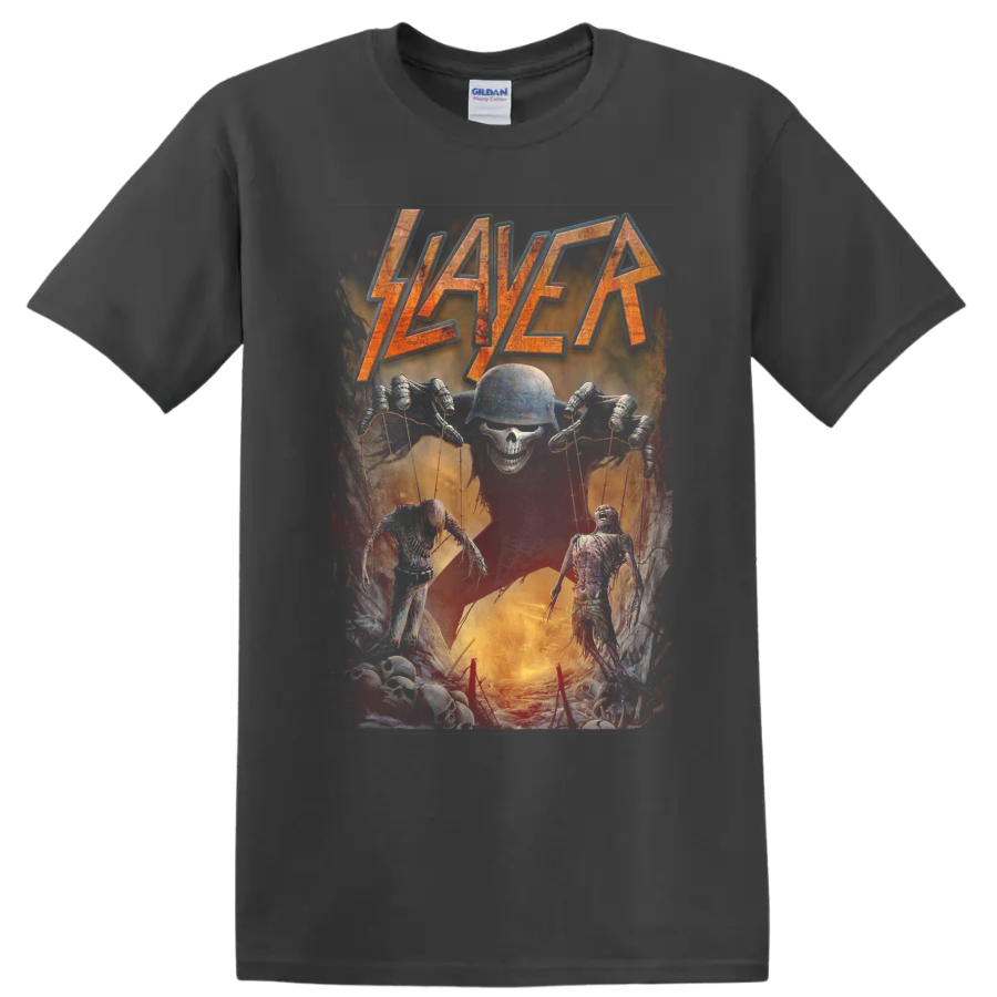 Distressed Slayer logo above a skull puppet master with skeletal horror figures on a Charcoal T Shirt
