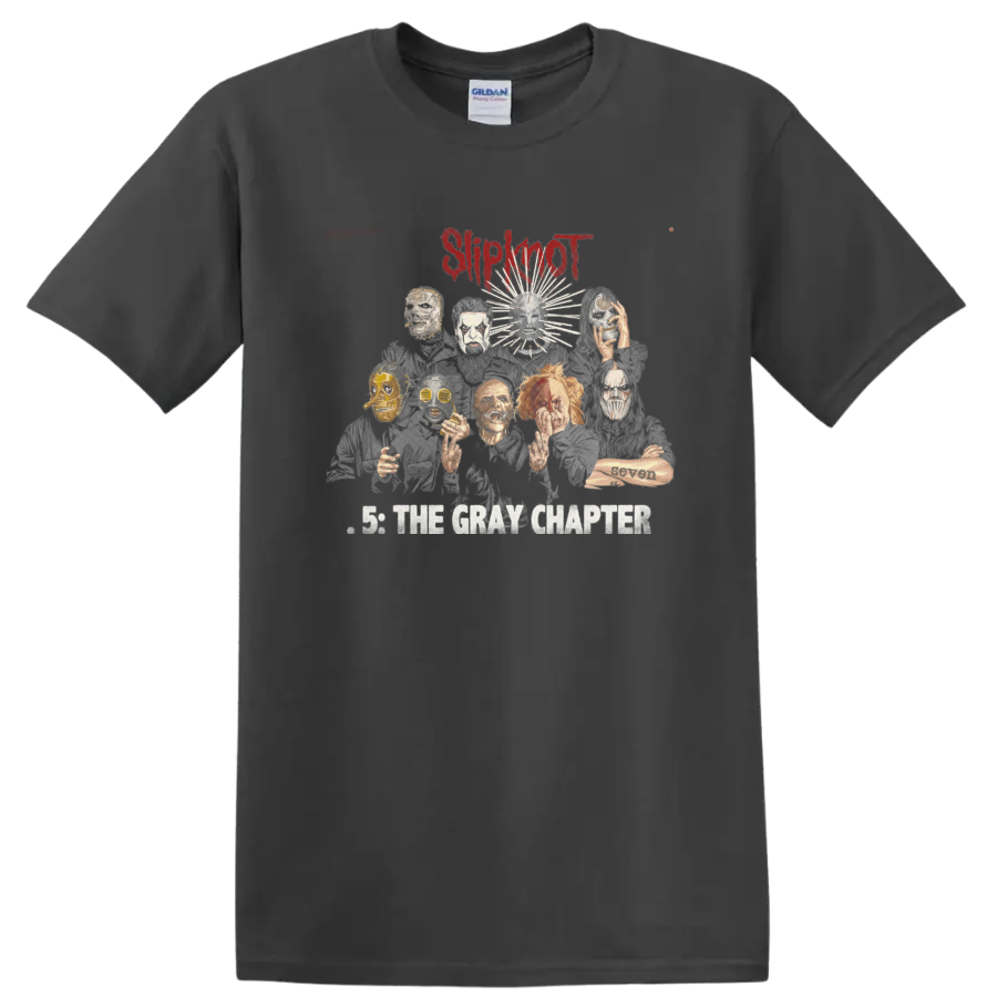 Slipknot .5 The Gray Chapter mask collage with distressed red logo on a Charcoal T Shirt