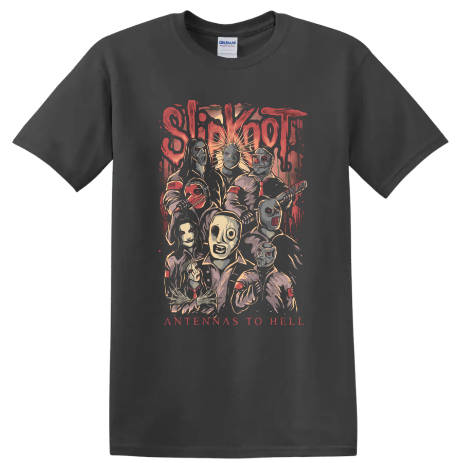 Slipknot Antennas to Hell masked band portrait collage in distressed horror style on a Charcoal T Shirt