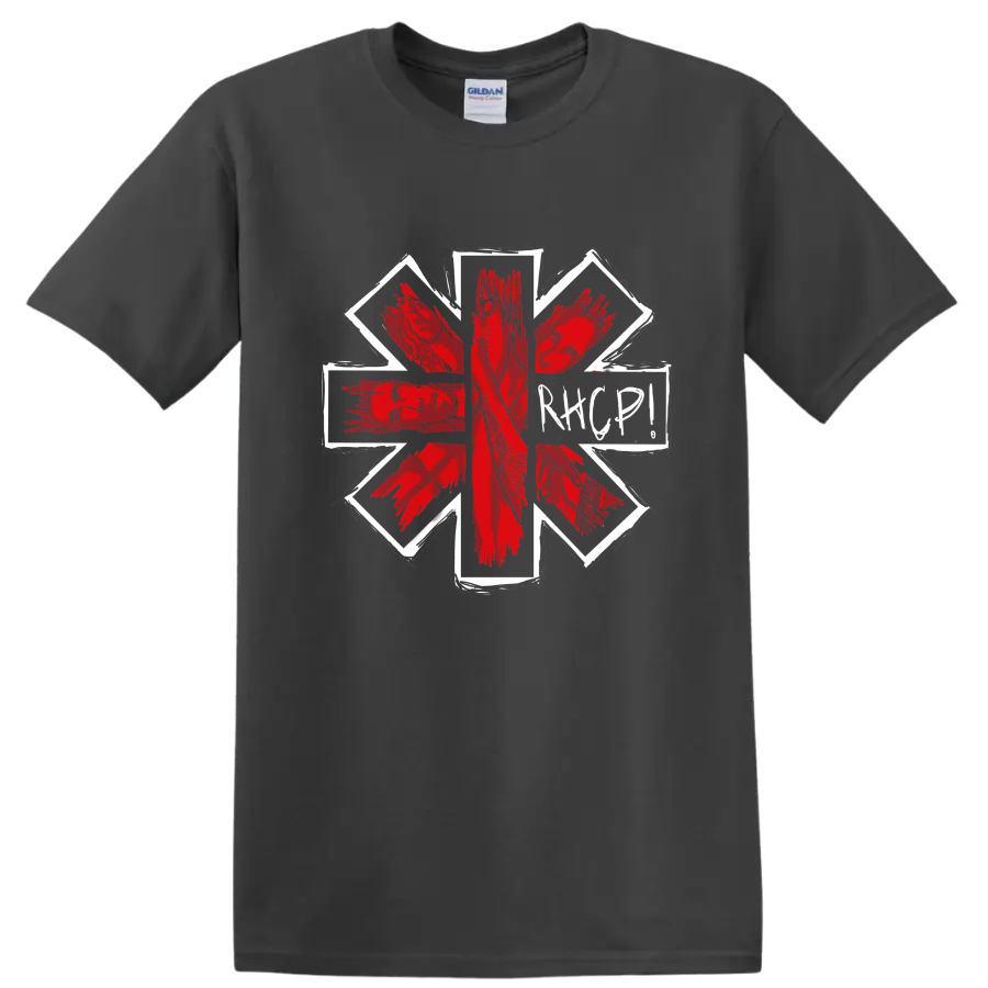 Lovejoy Second To One red hand collage with white geometric frame on a Charcoal T Shirt