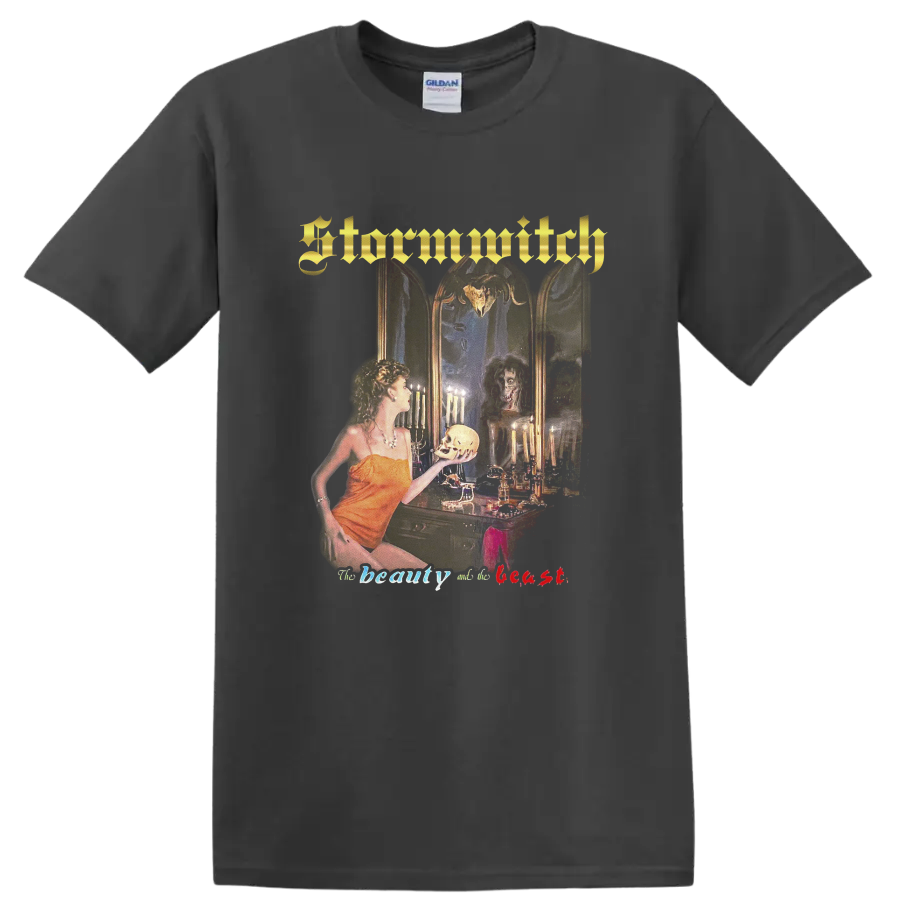 Stormwitch gothic fantasy artwork with woman, skull, candles, and ornate gold logo on a Charcoal T Shirt