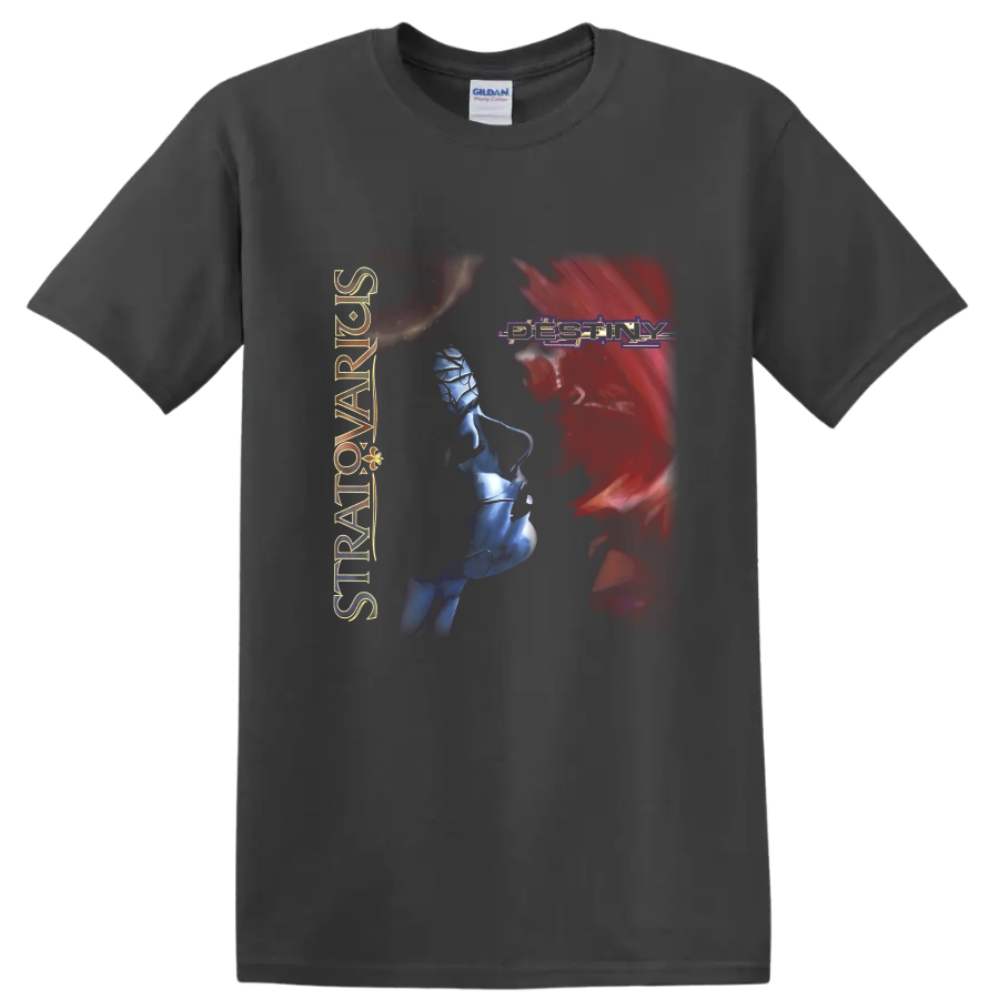Stratovarius Destiny logo with red portrait silhouette and blue fantasy figure artwork on a Charcoal T Shirt