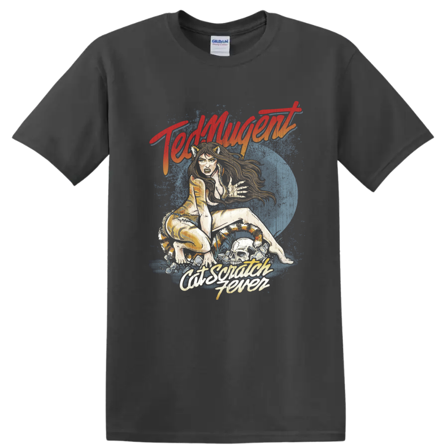 Ted Nugent Cat Scratch Fever retro illustration with wild cat and blue moon on a Charcoal T Shirt