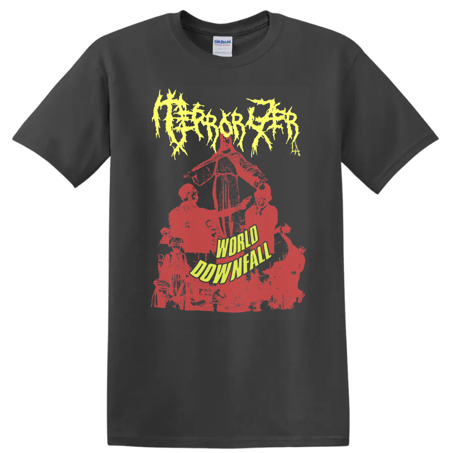 Terrorizer World Downfall distressed red collage with jagged yellow logo on a Charcoal T Shirt