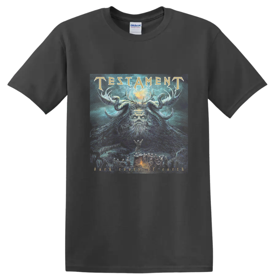 Testament Dark Roots of Earth horned figure artwork with gold band lettering on a Charcoal T Shirt