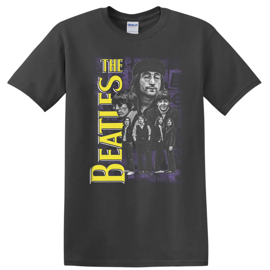 The Beatles white band silhouette with yellow lettering on distressed purple rock art on a Charcoal T Shirt
