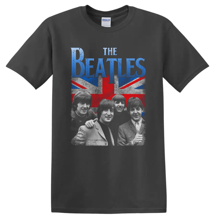 The Beatles portrait with distressed Union Jack and blue band lettering on a Charcoal T Shirt