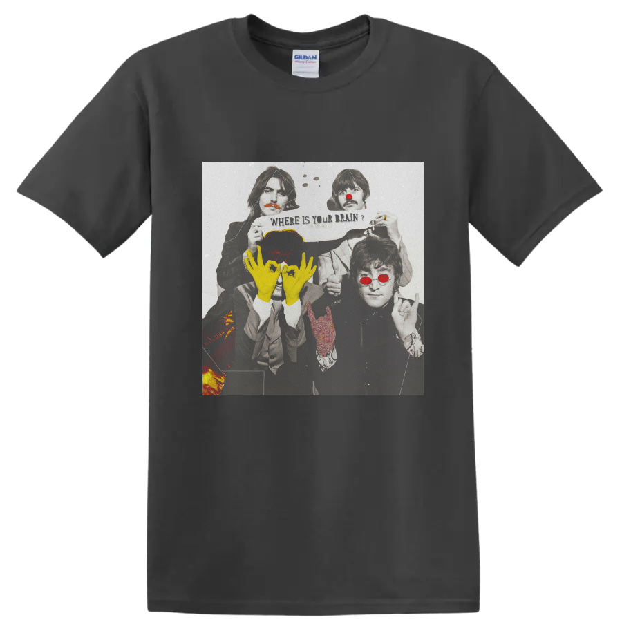 The Beatles Lennon and McCartney distressed pop art portrait with yellow hand symbols on a Charcoal T Shirt