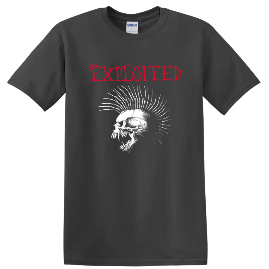 The Exploited red logo above distressed white skull with dramatic mohawk spikes on a Charcoal T Shirt