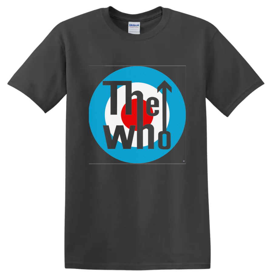 The Who black logo over red, white, and blue mod target emblem with arrow on a Charcoal T Shirt