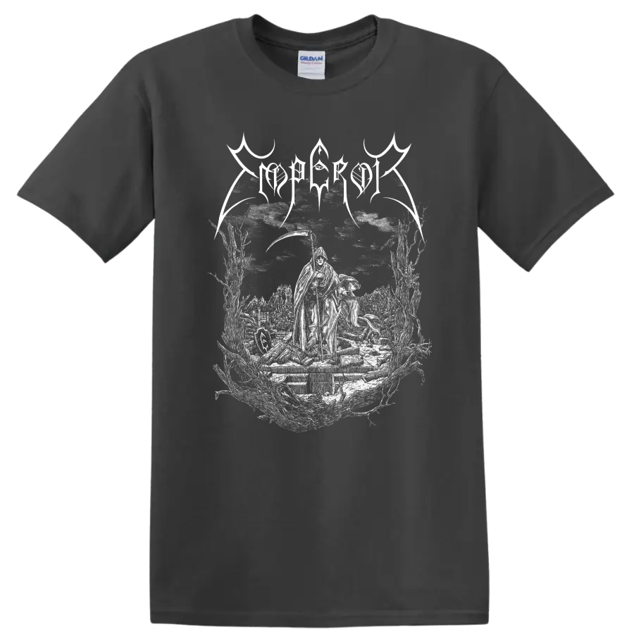 Mgła Age of Excuse hooded figure and graveyard gothic illustration on a Charcoal T Shirt