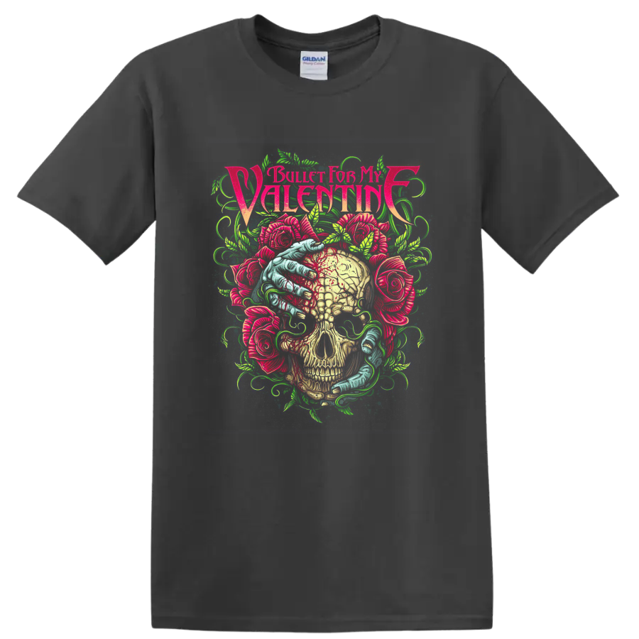 Bullet for My Valentine skull and roses neon rock metal graphic on a Charcoal T Shirt