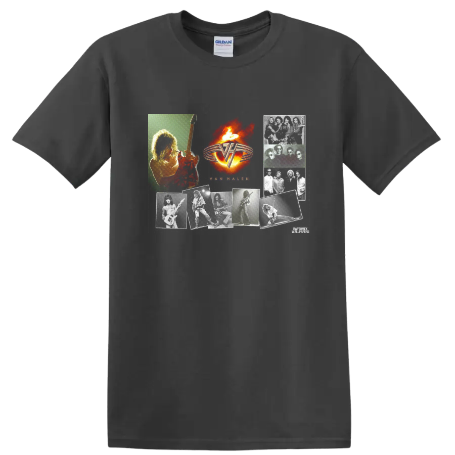 Van Halen fiery winged VH logo with guitar player in vintage rock graphic style on a Charcoal T Shirt
