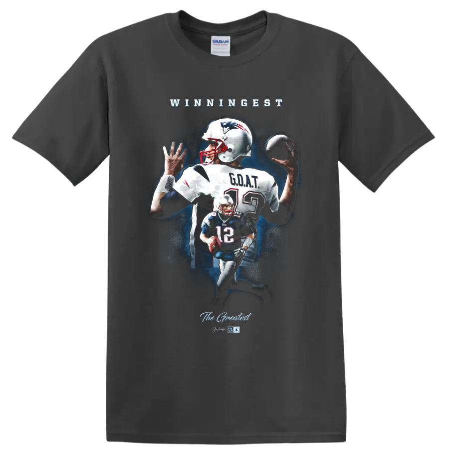 Tom Brady Patriots number 12 football collage with WINNINGEST and GOAT text on a Charcoal T Shirt