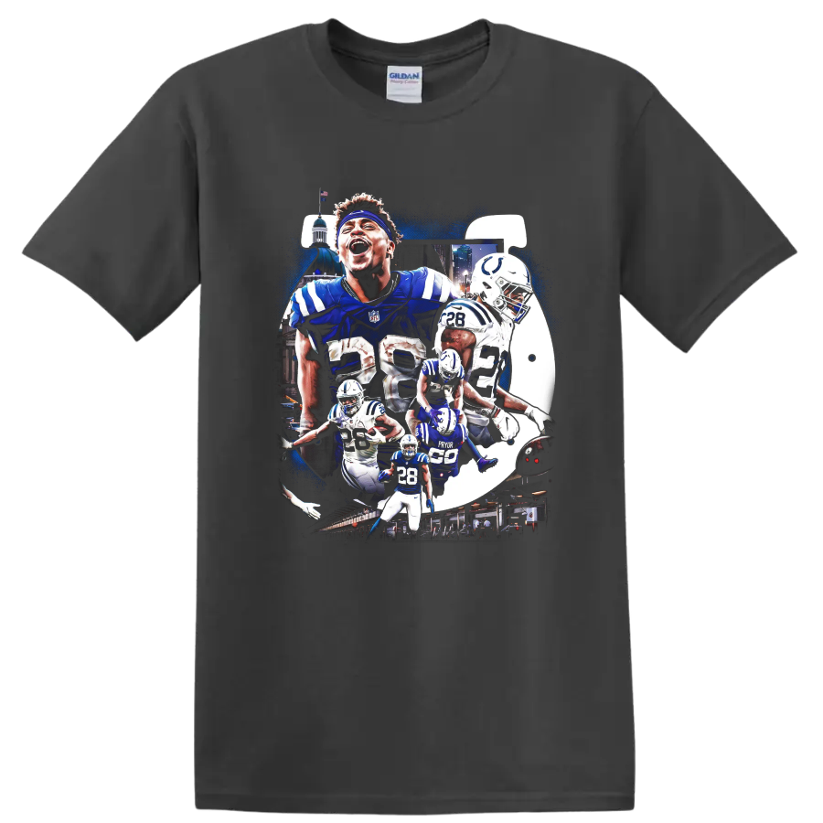 Jonathan Taylor Indianapolis Colts No. 28 football action collage with helmet art on a Charcoal T Shirt
