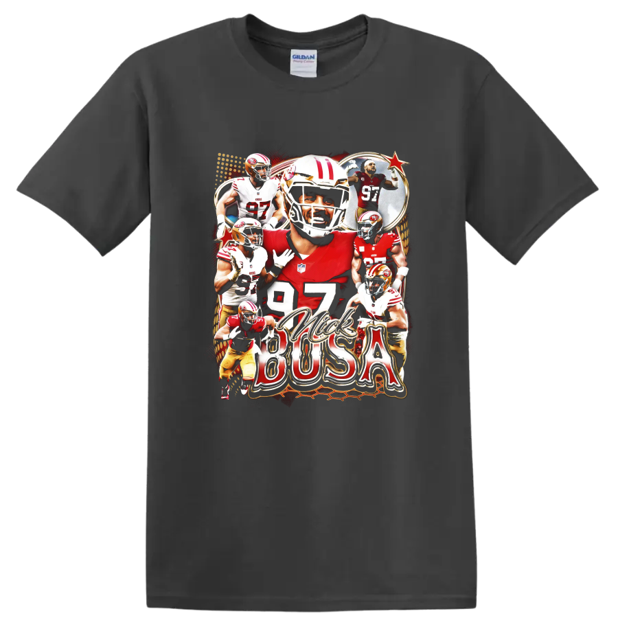 Jimmy Garoppolo San Francisco 49ers football collage with number 97 and red gold action on a Charcoal T Shirt