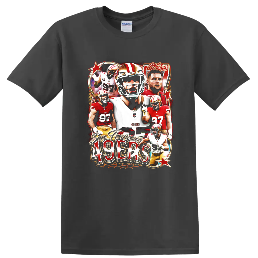 George Kittle, Christian McCaffrey and Nick Bosa 49ers football collage with 49ers text on a Charcoal T Shirt