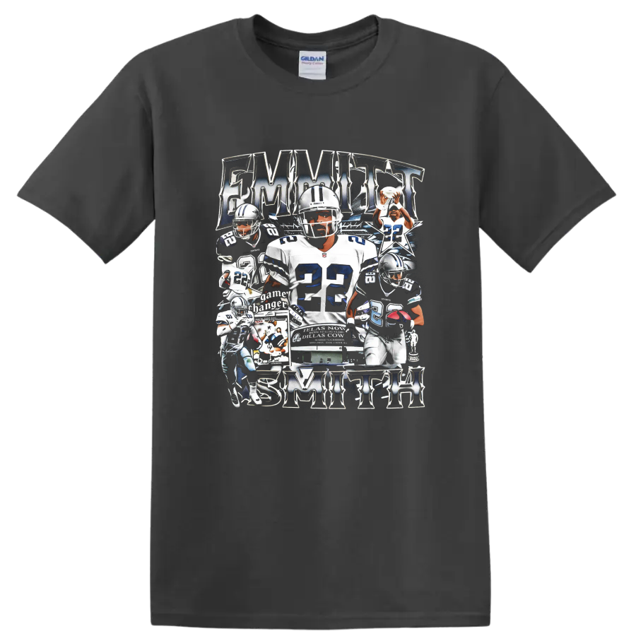 Emmitt Smith Dallas Cowboys number 22 vintage football collage with stars on a Charcoal T Shirt