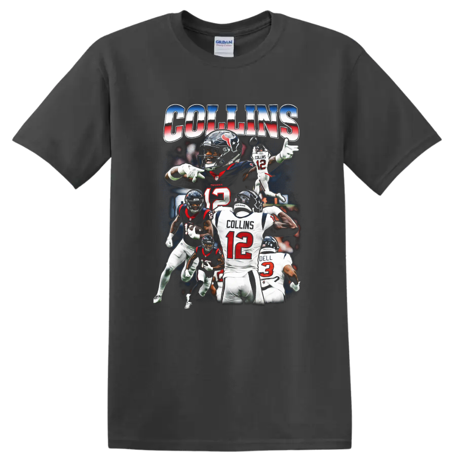 C.J. Stroud and Nico Collins Houston Texans football action collage with COLLINS text on a Charcoal T Shirt
