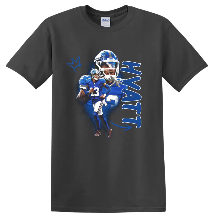Jalin Hyatt New York Giants football action collage with number 13 and blue paint splashes on a Charcoal T Shirt