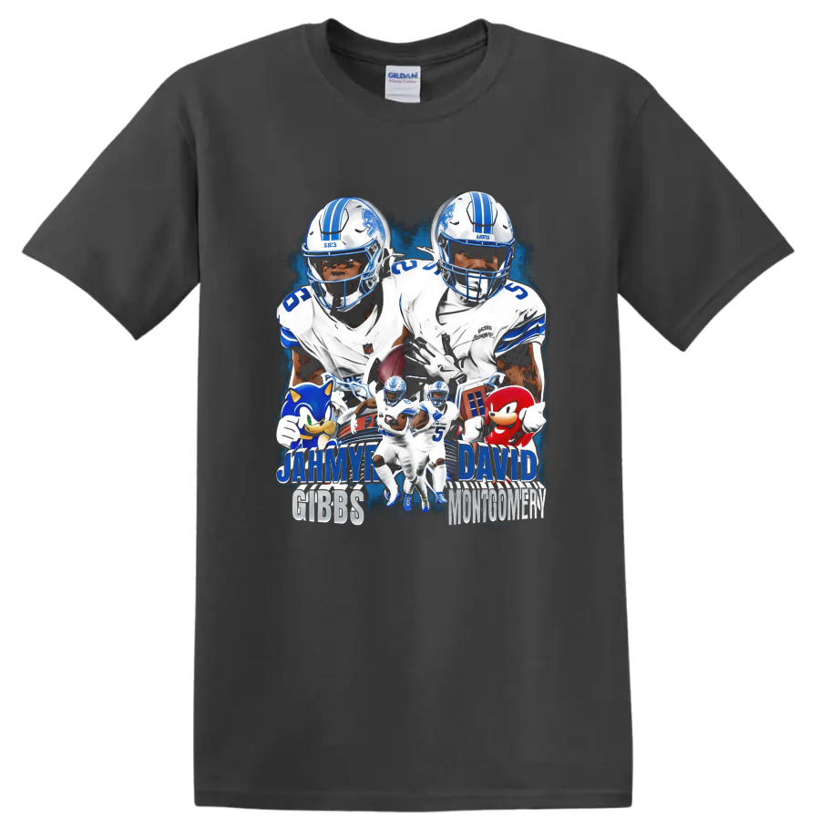 Jahmyr Gibbs and David Montgomery Detroit Lions football collage with blue action effects on a Charcoal T Shirt