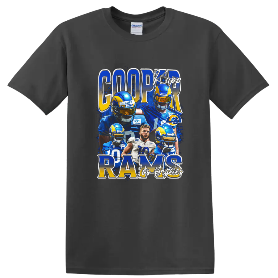 Cooper Kupp Rams football player collage with blue and gold metallic lettering on a Charcoal T Shirt