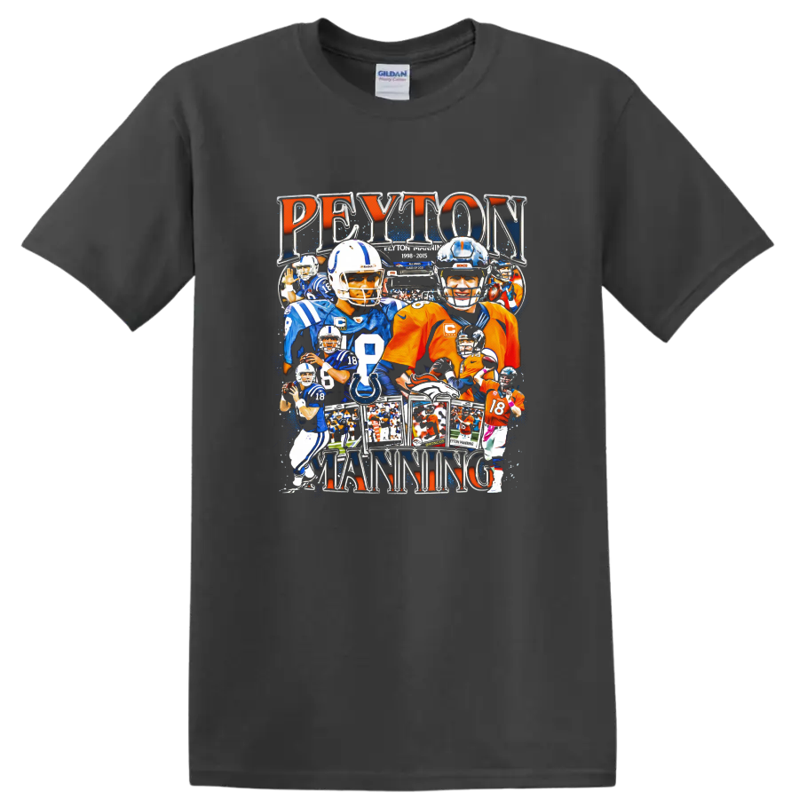 Peyton Manning Colts and Broncos football collage with bold Peyton Manning lettering on a Charcoal T Shirt