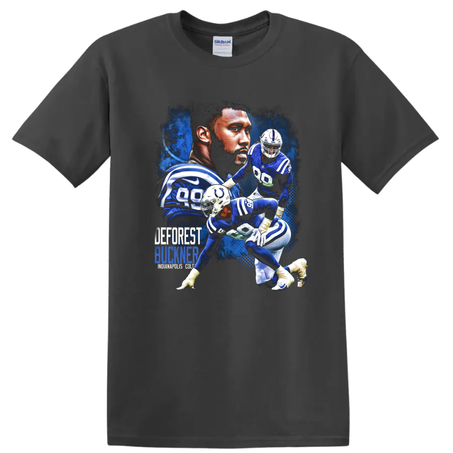 DeForest Buckner Indianapolis Colts defensive action collage with bold blue lettering on a Charcoal T Shirt