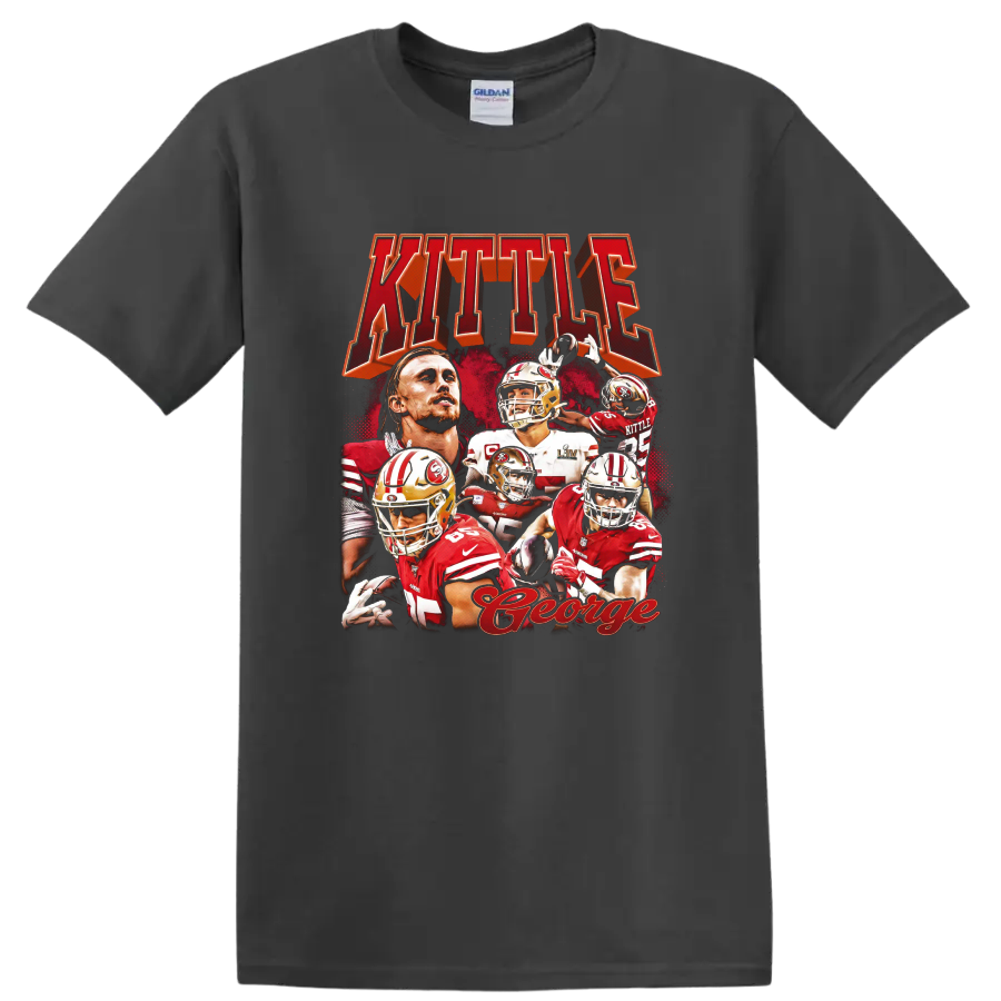 George Kittle San Francisco 49ers red and gold football action collage with KITTLE text on a Charcoal T Shirt