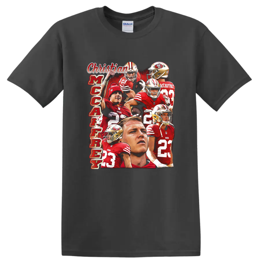 Christian McCaffrey 49ers number 23 action collage with vertical McCaffrey text on a Charcoal T Shirt