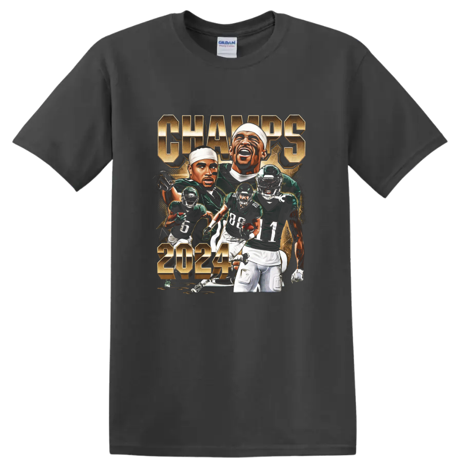 Jalen Hurts Philadelphia Eagles 2024 action portrait collage with CHAMPS lettering on a Charcoal T Shirt