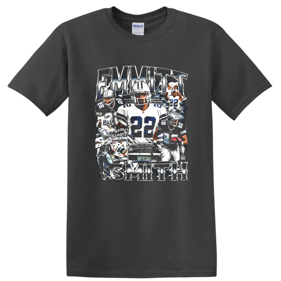 Emmitt Smith Dallas Cowboys number 22 football action collage with metallic lettering on a Charcoal T Shirt