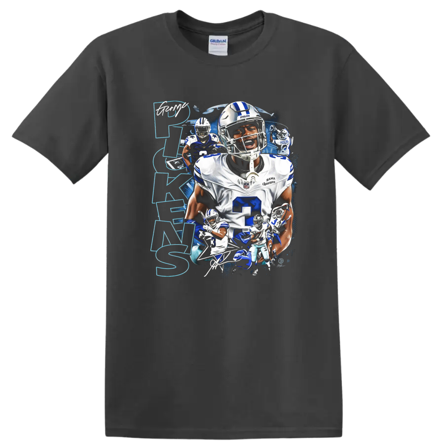 Dak Prescott Dallas Cowboys quarterback action collage with blue splatter and vertical on a Charcoal T Shirt
