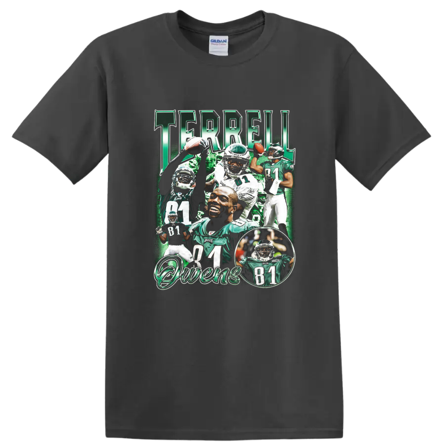 Terrell Owens Philadelphia Eagles number 81 football collage with TERRELL and Owens text on a Charcoal T Shirt