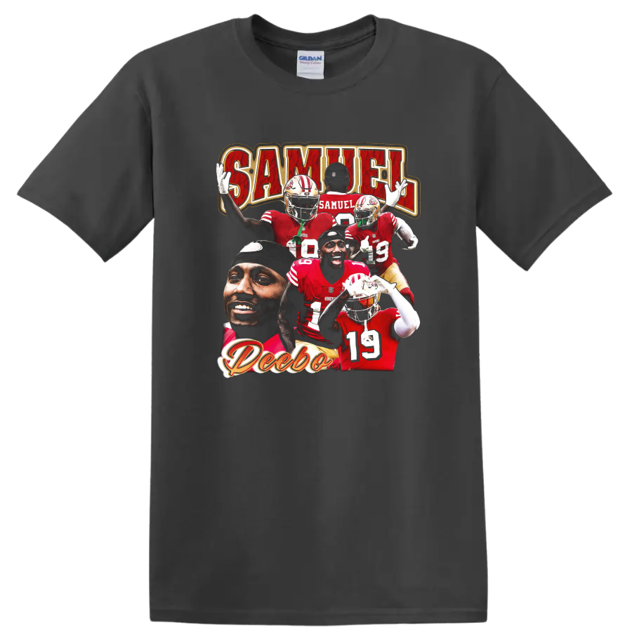 Deebo Samuel San Francisco 49ers football player collage with SAMUEL lettering on a Charcoal T Shirt