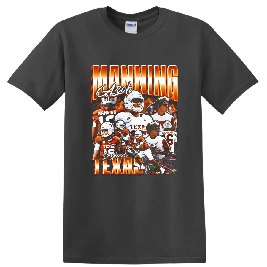 Arch Manning Texas Longhorns football collage with orange lettering and action scenes on a Charcoal T Shirt