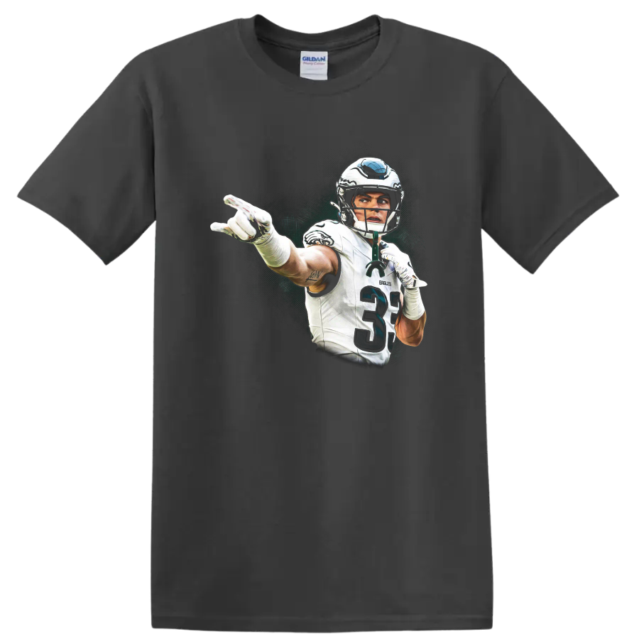 Troy Polamalu football player action illustration with a distressed dark green backdrop on a Charcoal T Shirt