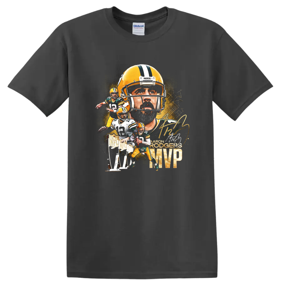 Aaron Rodgers Packers quarterback collage with helmet portrait, action poses, MVP text on a Charcoal T Shirt