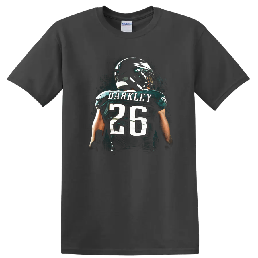 Saquon Barkley number 26 football jersey art with helmet and teal splatter backdrop on a Charcoal T Shirt