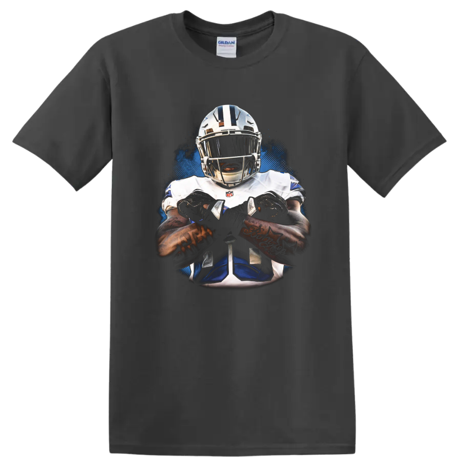 Trevon Diggs Dallas Cowboys helmeted football portrait with blue halftone effects on a Charcoal T Shirt