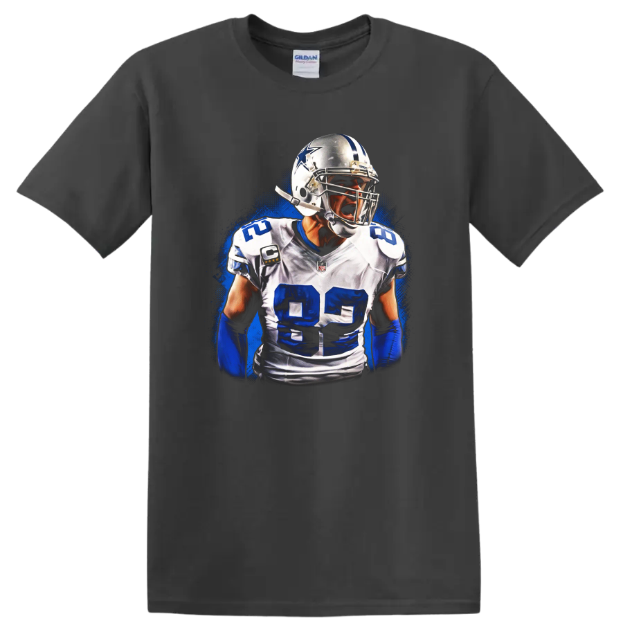 Dez Bryant Dallas Cowboys No. 88 football player portrait with electric blue action on a Charcoal T Shirt