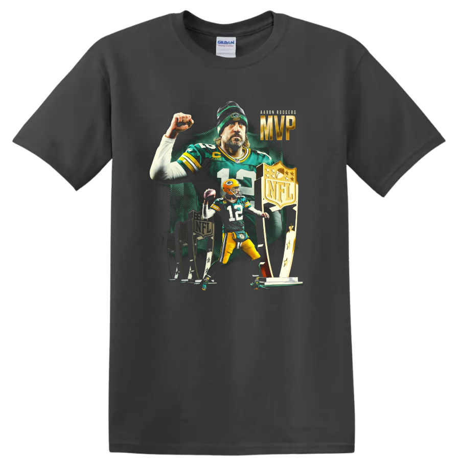 Aaron Rodgers Packers MVP football tribute with number 12, trophies, and bold artwork on a Charcoal T Shirt