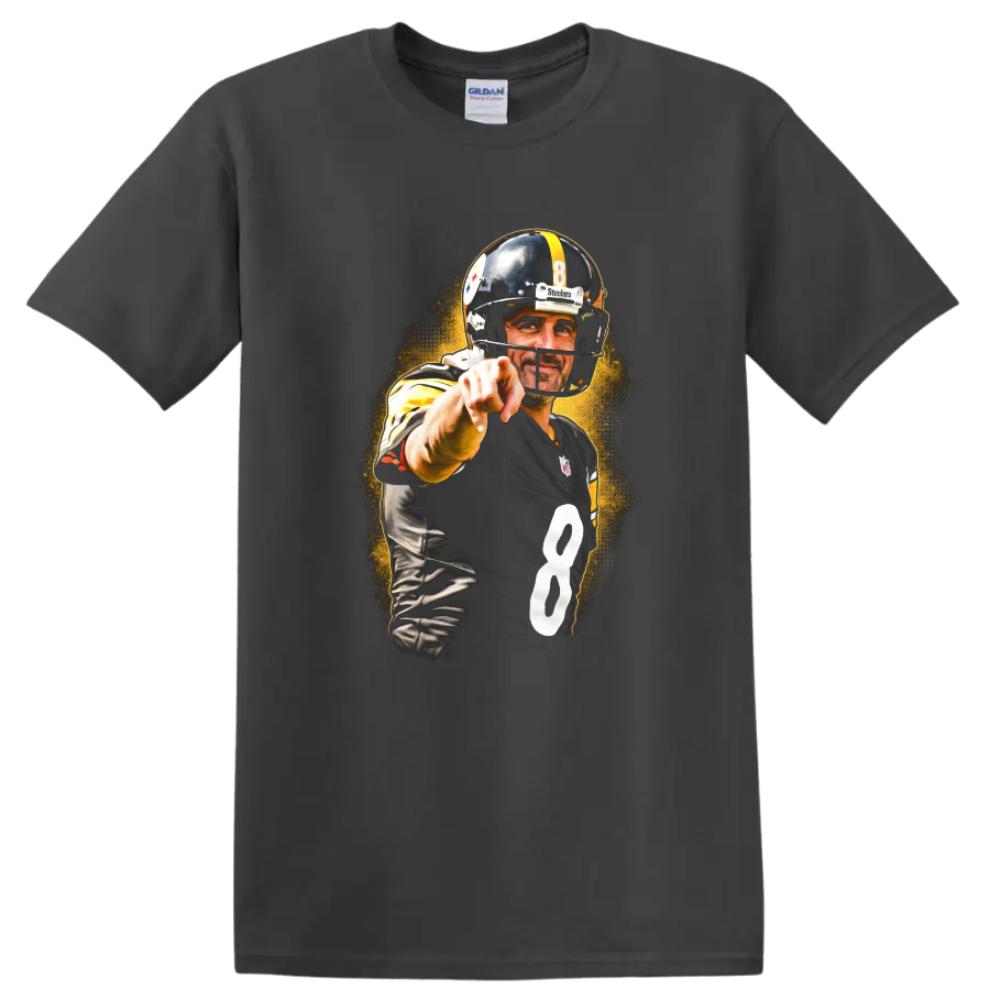Ben Roethlisberger Steelers No. 8 pointing football graphic with golden halftone burst on a Charcoal T Shirt