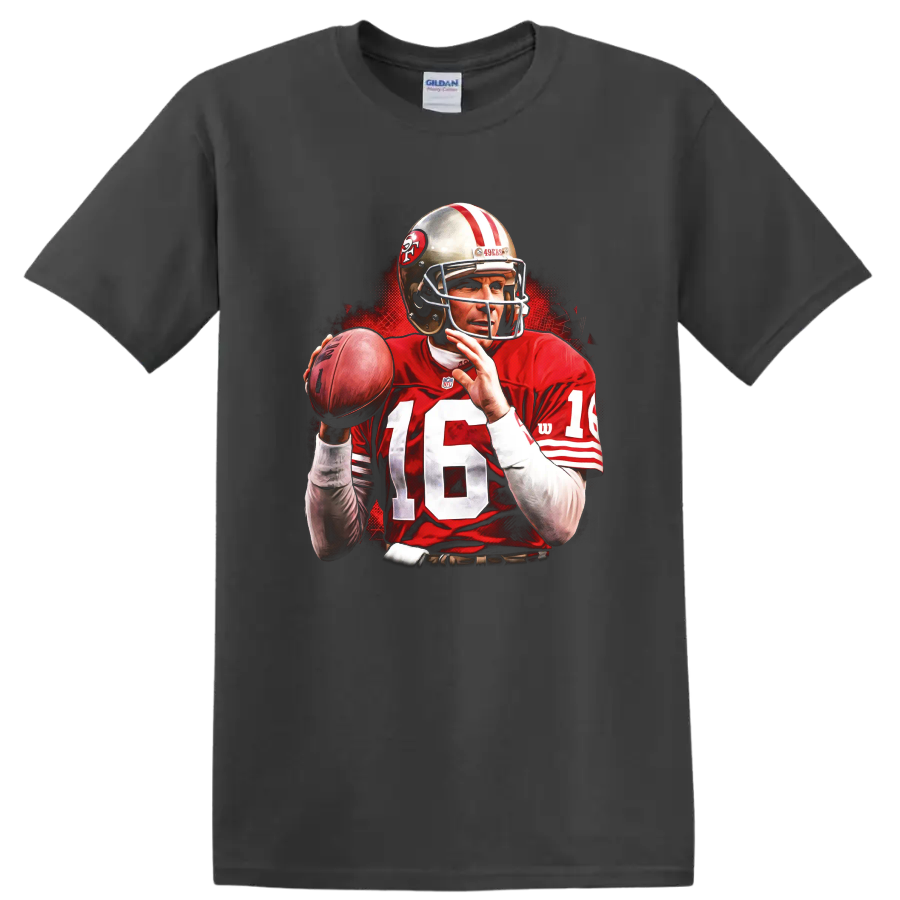 Joe Montana 49ers quarterback action portrait with football and red illustrated backdrop on a Charcoal T Shirt