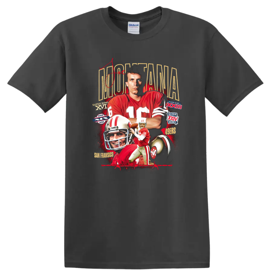 Joe Montana 49ers retro football collage with Super Bowl numerals and helmet on a Charcoal T Shirt